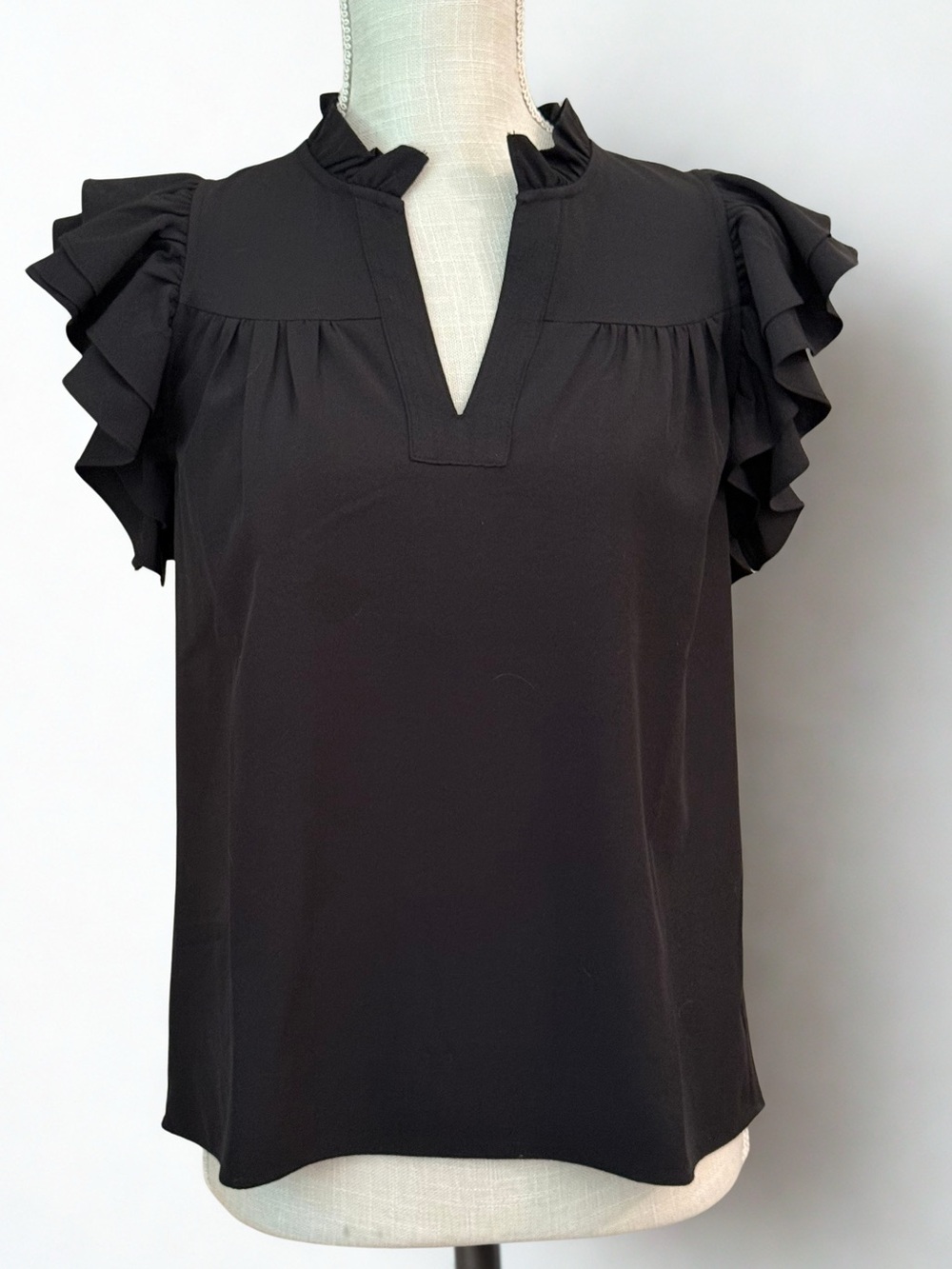 Black, short-sleeve Jade Melody Tam ruffle blouse XS NWOT